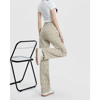 Beige Floral Corduroy Pants - Pants