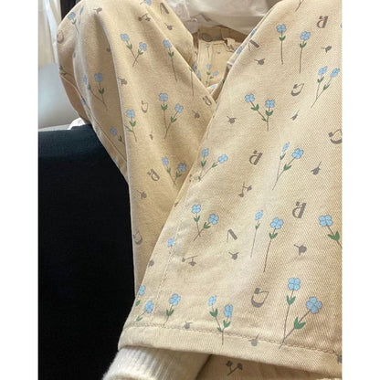 Beige Floral Corduroy Pants - Pants