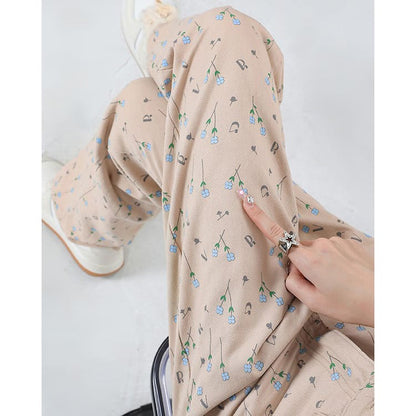Beige Floral Corduroy Pants - Pants