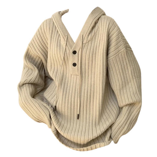 Beige knit hoodie with buttons in front