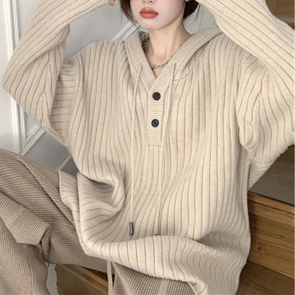 Beige knit hoodie with buttons in front