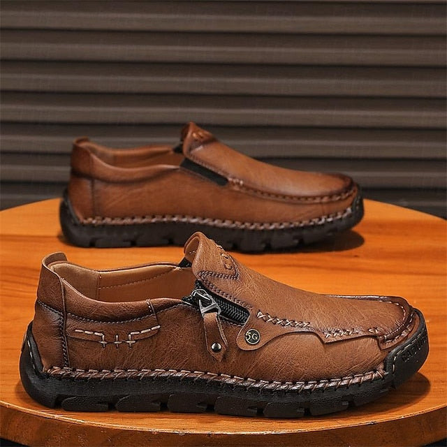 Men's Brown Faux Leather Slip-On Loafers with Side Zipper
