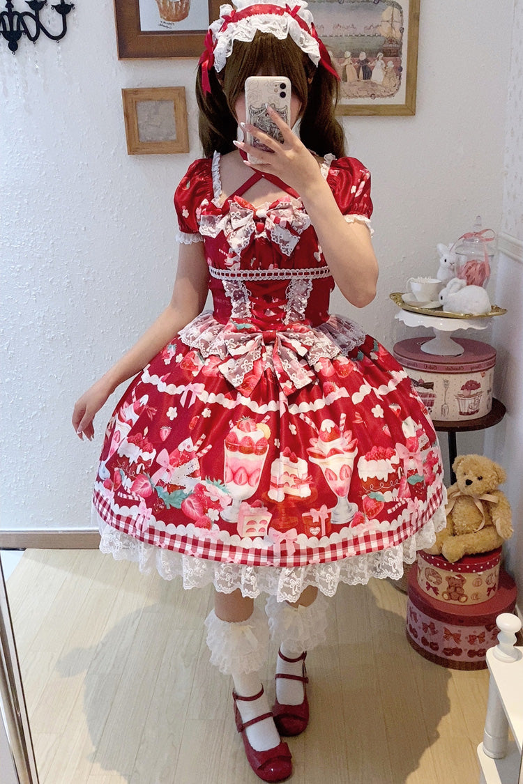 Red Strawberry Parfait Print Short Sleeve Ruffle Bow Lace Lace-Up Sweet Lolita Dress