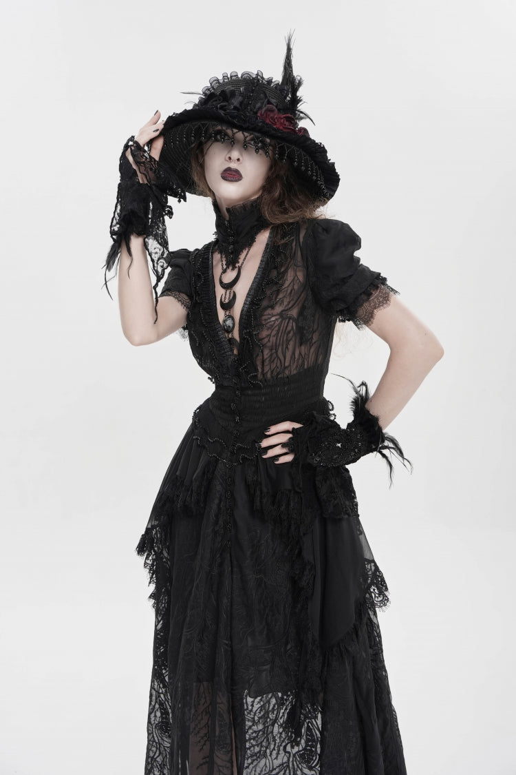V Collar Short Sleeve Hanayome Lace Gothic Wedding Dress