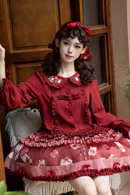 Bell Strawberry Farm Print Ruffle Embroidery Sweet Lolita Skirt