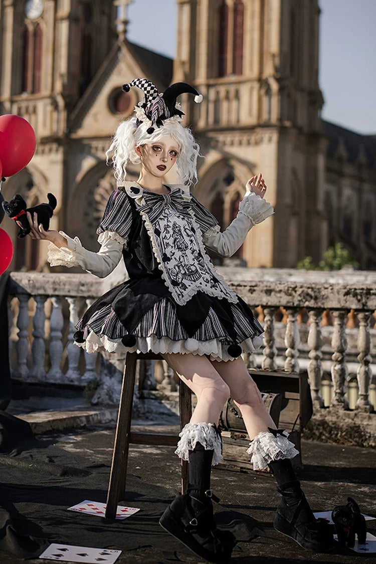 Letters and Poems Doll Mask Poker Clown Long Sleeves Ruffled Bow Gothic Lolita Dress Set