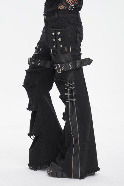 Men's Punk Flared Pants in Spliced Black Faux Leather