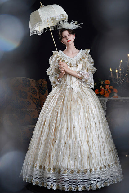 Ruffled Cut-Out Mesh Victorian Dress with Puff Sleeves