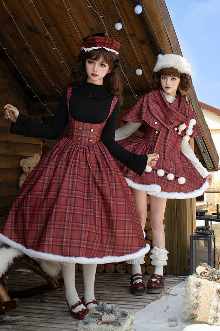 Crimson Striped Tartan Print Autumn Winter Fishbone Sweet Corset Lolita Dress