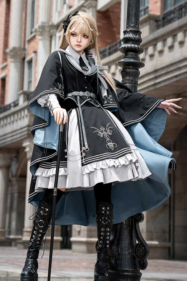 Black Blue Dark Knight Contract Print Ruffle Gothic Military Elegant Skirt