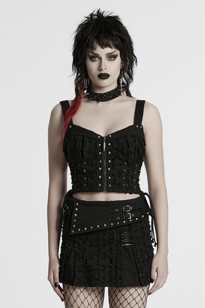 Black Punk Sleeveless Waistcoat with Rivets and Lacing - NoirEdge