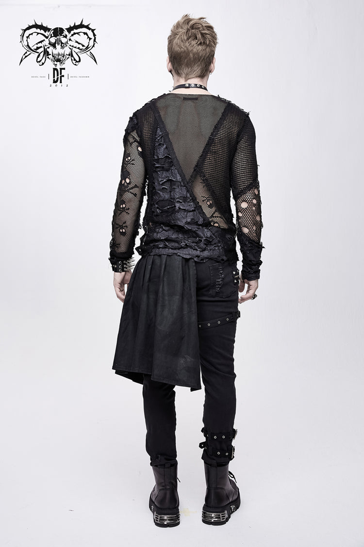 Punk T-Shirt for Men with Mesh Stitching and Round Collar