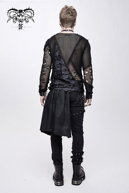 Punk T-Shirt for Men with Mesh Stitching and Round Collar