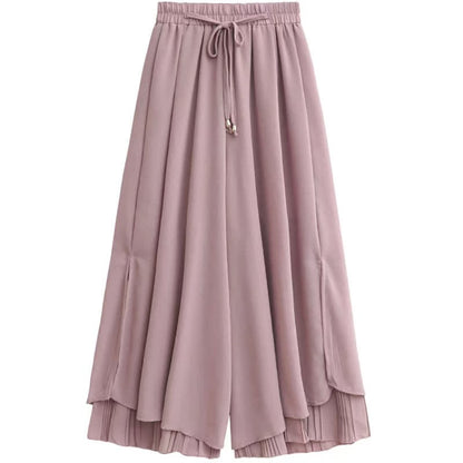 Printed Pants Pieces Leg Chic Chiffon Two T-Shirt Set Split Wide