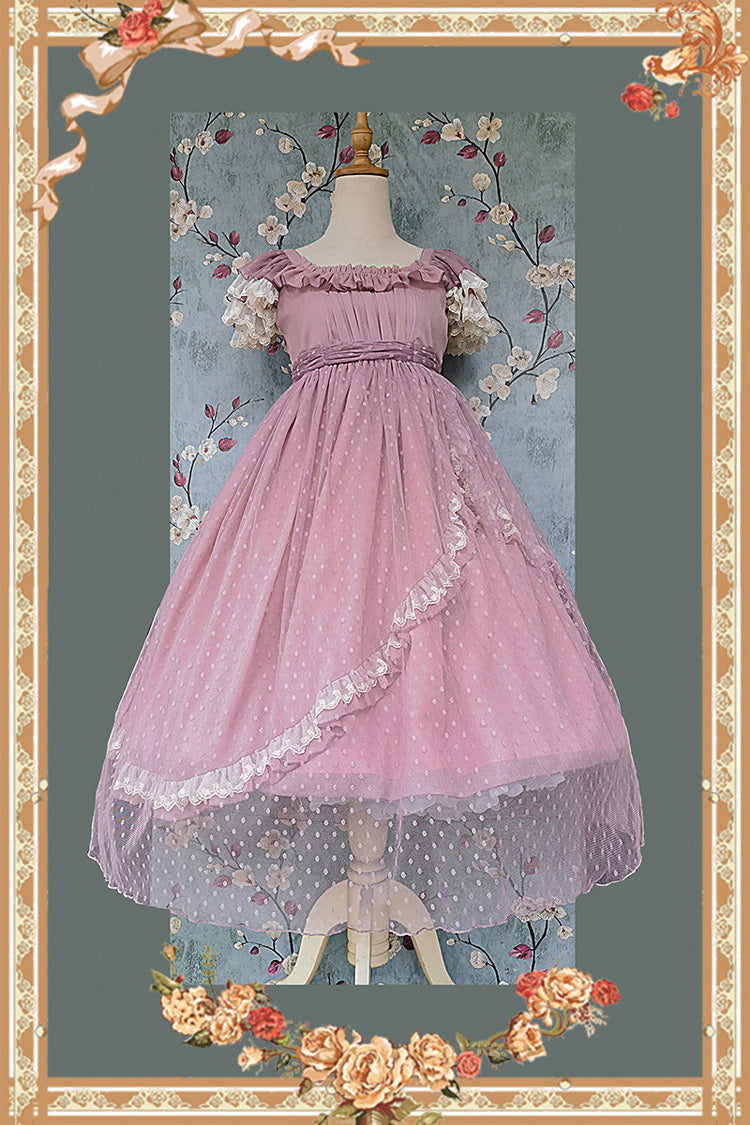 Rose Moon Goddess Mediana Polka Dot Print Ruffle Bow Asymmetrical Elegant Lolita Gown