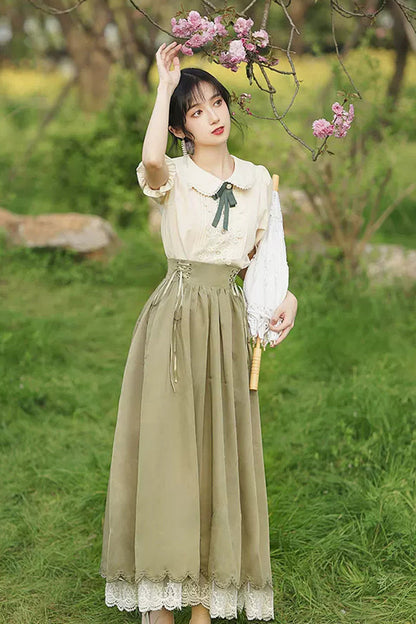 Solid Color Lapel Collar Short Sleeves High Waist Lace-Up Wave Hem Classic Lolita Two-Piece Set 7 Colors