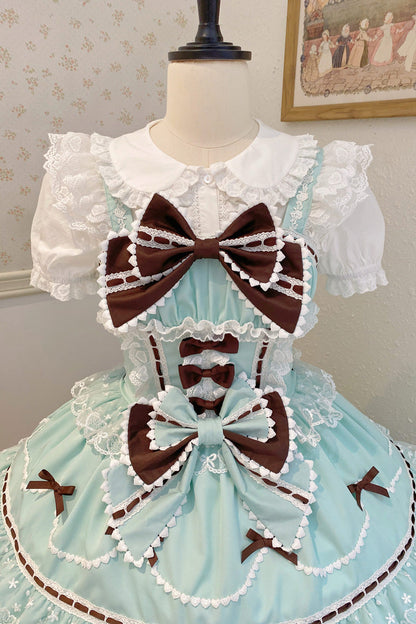 Mint Chocolate Fondant Cake Sleeveless Multi-Layer Ruffle Bow Lace Sweet JSK Dress