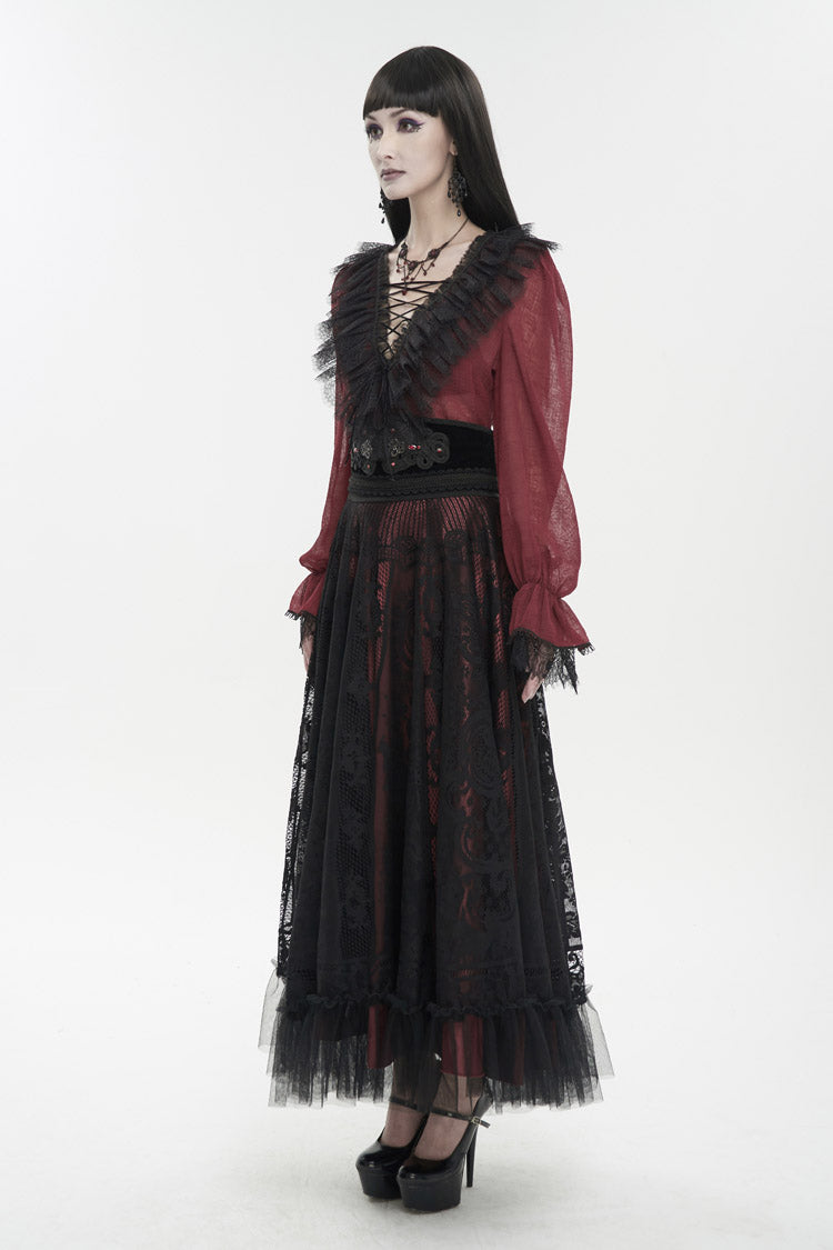 Crimson Slim Waist Tartan Stitched Layered Lace Long Sleeve Goth Shirt