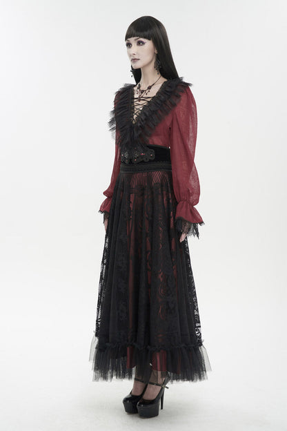 Crimson Slim Waist Tartan Stitched Layered Lace Long Sleeve Goth Shirt