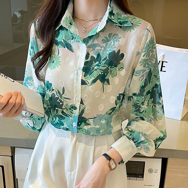 Chemise en mousseline à manches bouffantes et imprimé floral vert