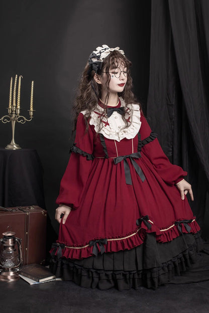 Red Long Sleeves Ruffle Bow Daily Sweet Princess Lolita Dress