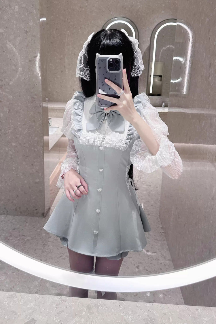 Stand Collar Long Sleeves Ruffled Bow Lace Sweet Japanese Dress Shorts Set
