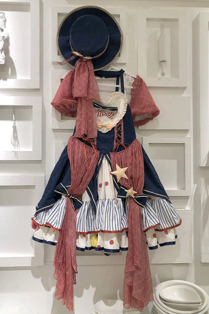 Circus Theme Short-Sleeved Layered Print Ruffled Bow Sweet Dress