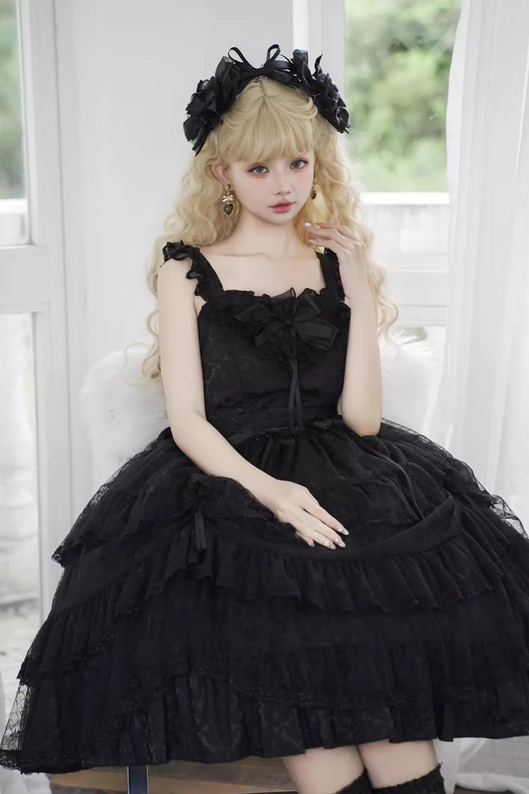 Gothic Princess Lolita JSK Dress with Ruffled Layers and Bow Accents