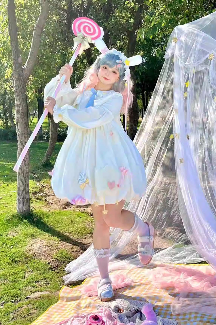 White Doll-Collar Long-Sleeved Candy Bow-Trim Sweet Lolita Dress