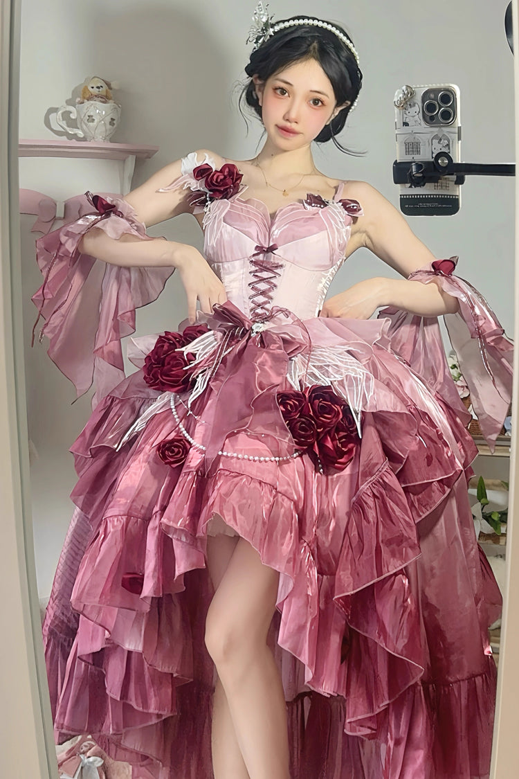 Plum Red Embroidery Lace-Up High-Low Sweet JSK Dress
