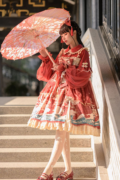 Wine Long Sleeve OP Dress Sweet Lolita Lace Bowknot Wave Print - Altfashion Shop
