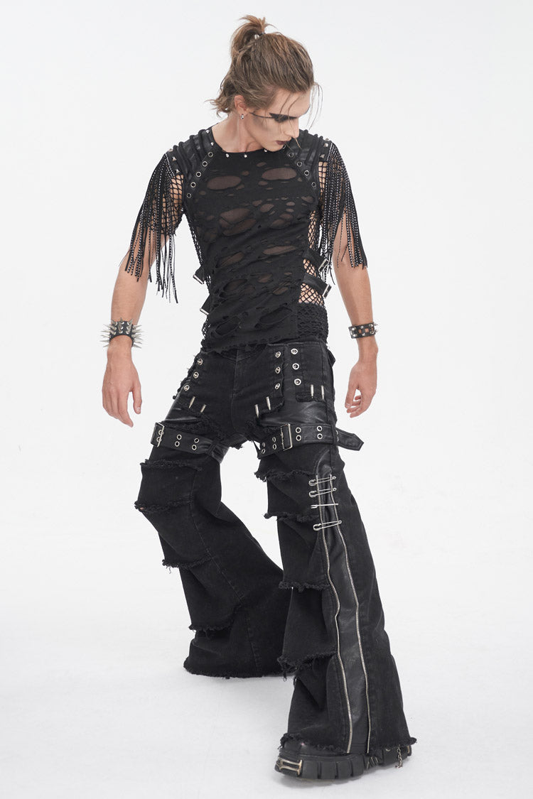 Men's Punk Flared Pants in Spliced Black Faux Leather
