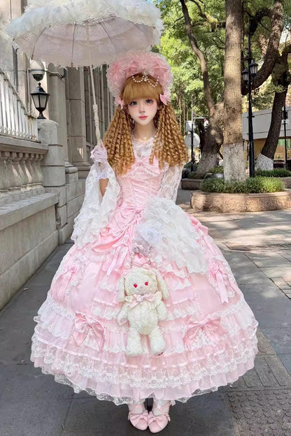 Rose Curtain Ode Tiered Ruffle Bride Open Front Bow Lace Corset Sweet Long JSK Dress