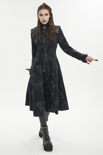 Long Punk Coat for Women with Hood and Irregular Print in Spliced Black Faux Leather