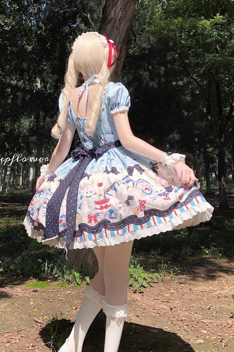 Square-Neck Ruffle Bow Dress with Lace and Print