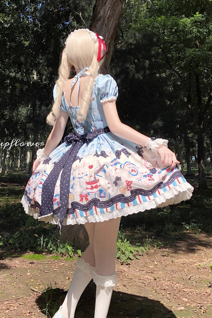 Square-Neck Ruffle Bow Dress with Lace and Print