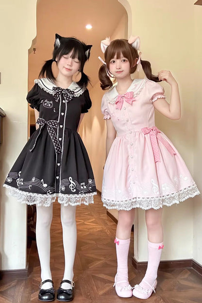 Rose Melody Kitty Doll Collar Short Sleeve Ruffled Embroidered Bow Lace Sweet Lolita Dress