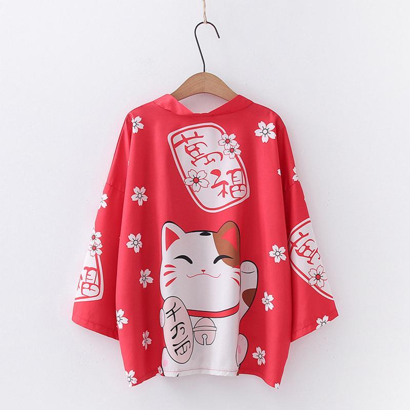 Charming Lucky Cat Sakura Print Loose Outerwear Kimono