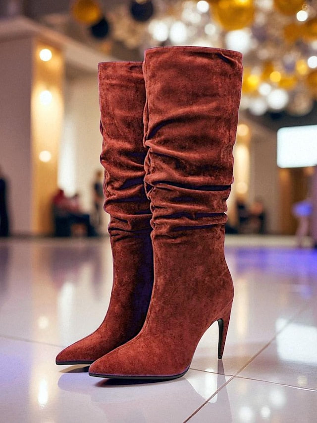 Women's High Knee Pointed Slouch Velvet Boots Toe Green -