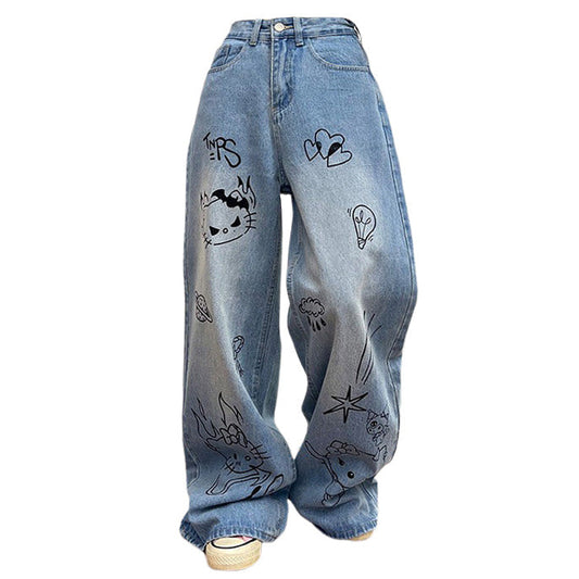 Blaue Jeans mit Katzen-Print