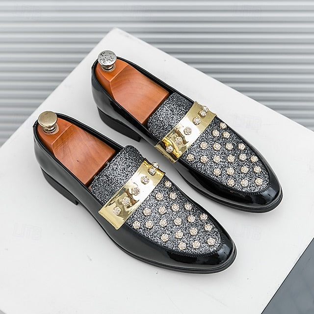 Men's Black Patent Loafers with Studded Detail and Gold