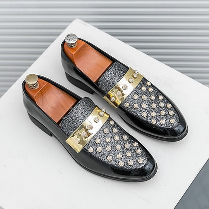 Men's Black Patent Loafers with Studded Detail and Gold