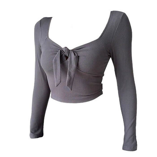 Bow Knot Long Sleeve Top - S / Dark Grey - Tops