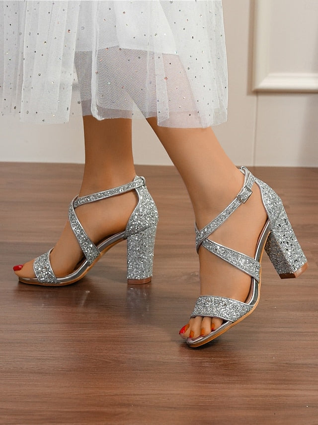 Heel Women's Sandals Block Glitter Gold