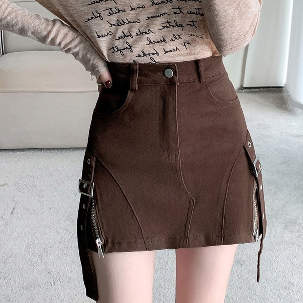 Brown Denim Buckle Skirt