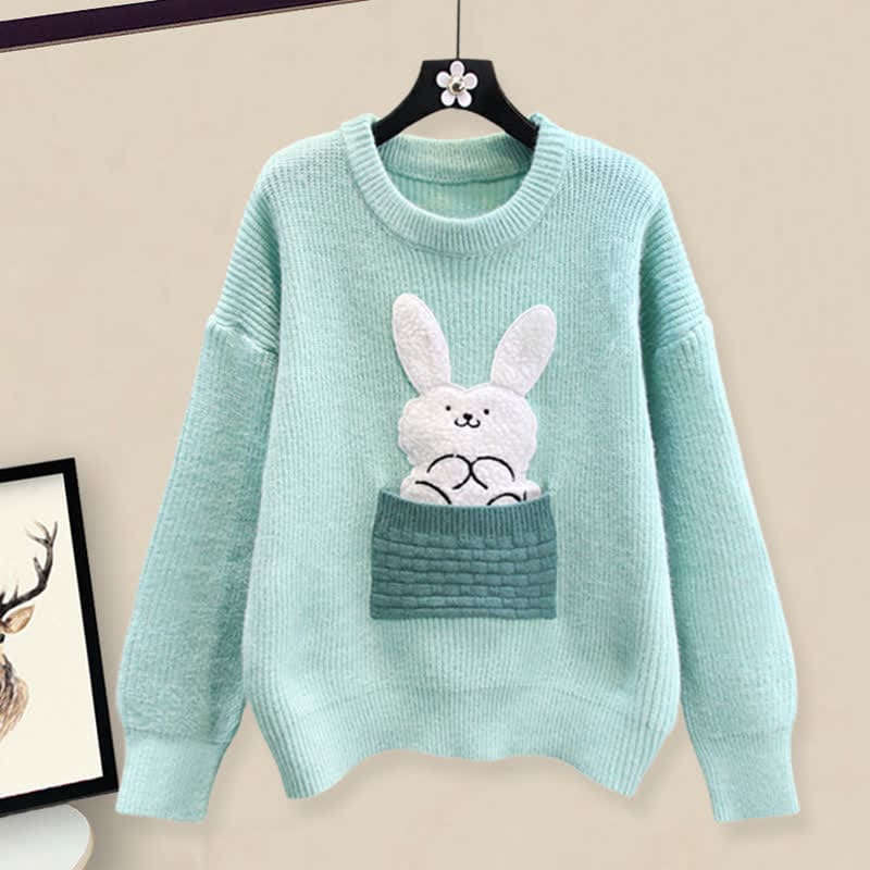 Bunny Embroidery Knit Sweater Plush Pants Set - Blue