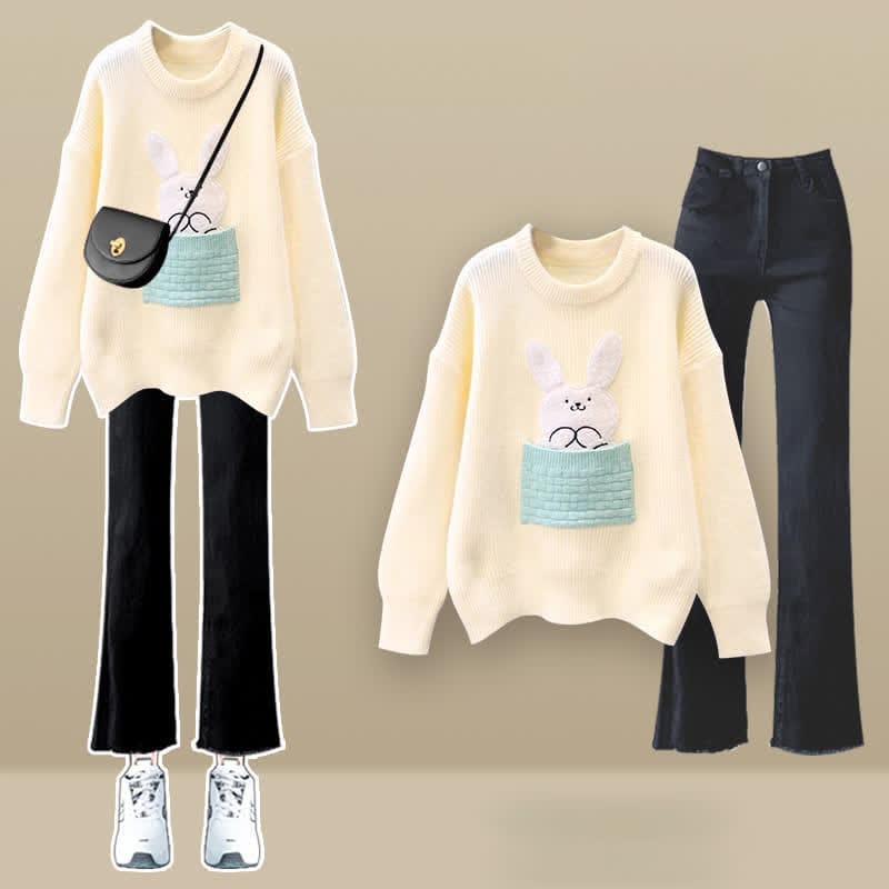 Bunny Embroidery Knit Sweater Plush Pants Set - Set C / M