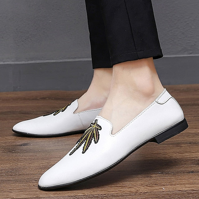 Men's Prom Shoes - White Faux Leather Loafers with Feather