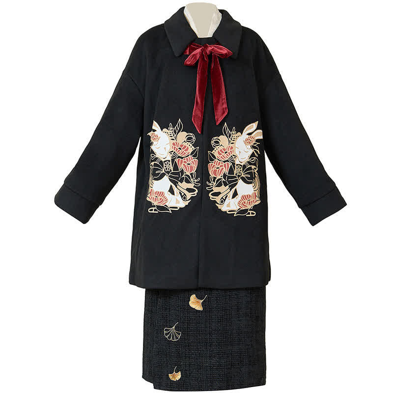 Elegant Bunny Embroideried Coat Shirt Floral High Waist Skirt