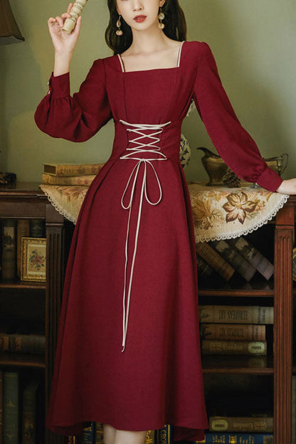 Wine Classic OP Dress Lolita European Manor Square Collar - Altfashion Shop